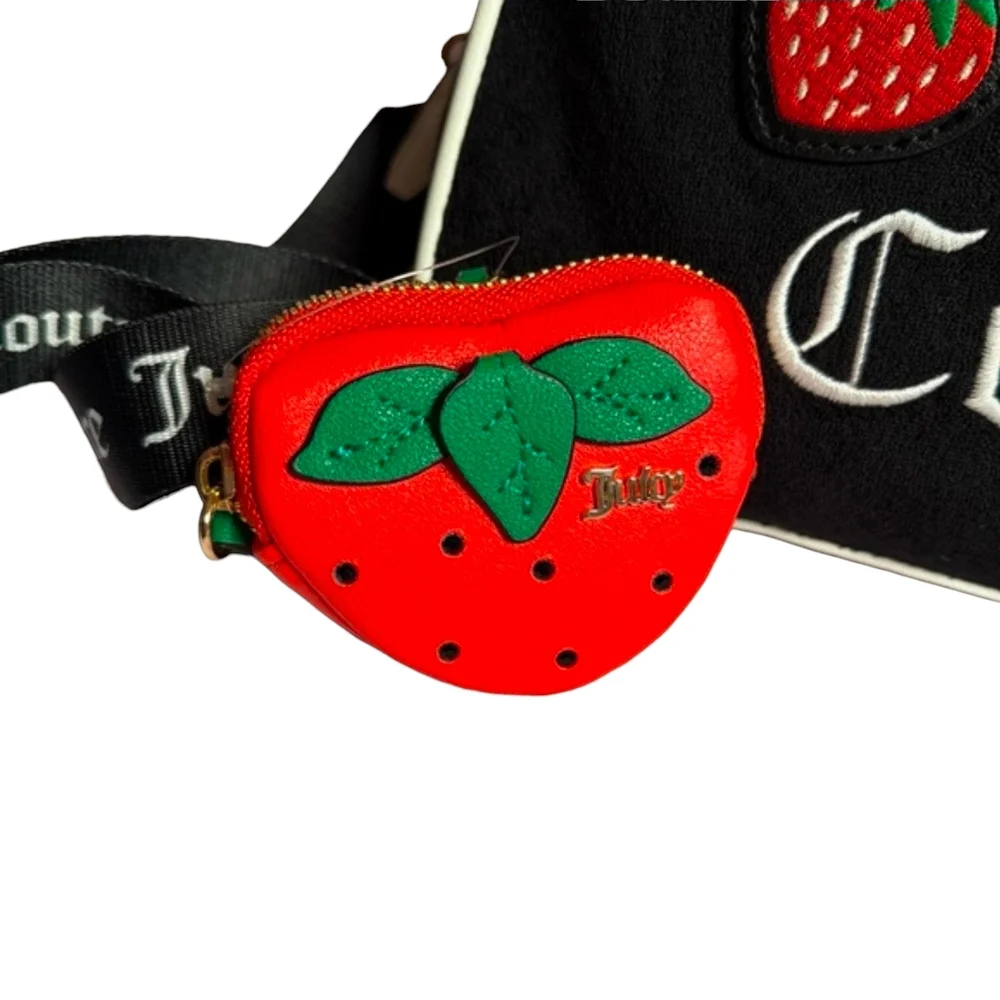 Juicy Couture Black Strawberry Velvet Dome Bag with Red Strawberry Coin Pouch